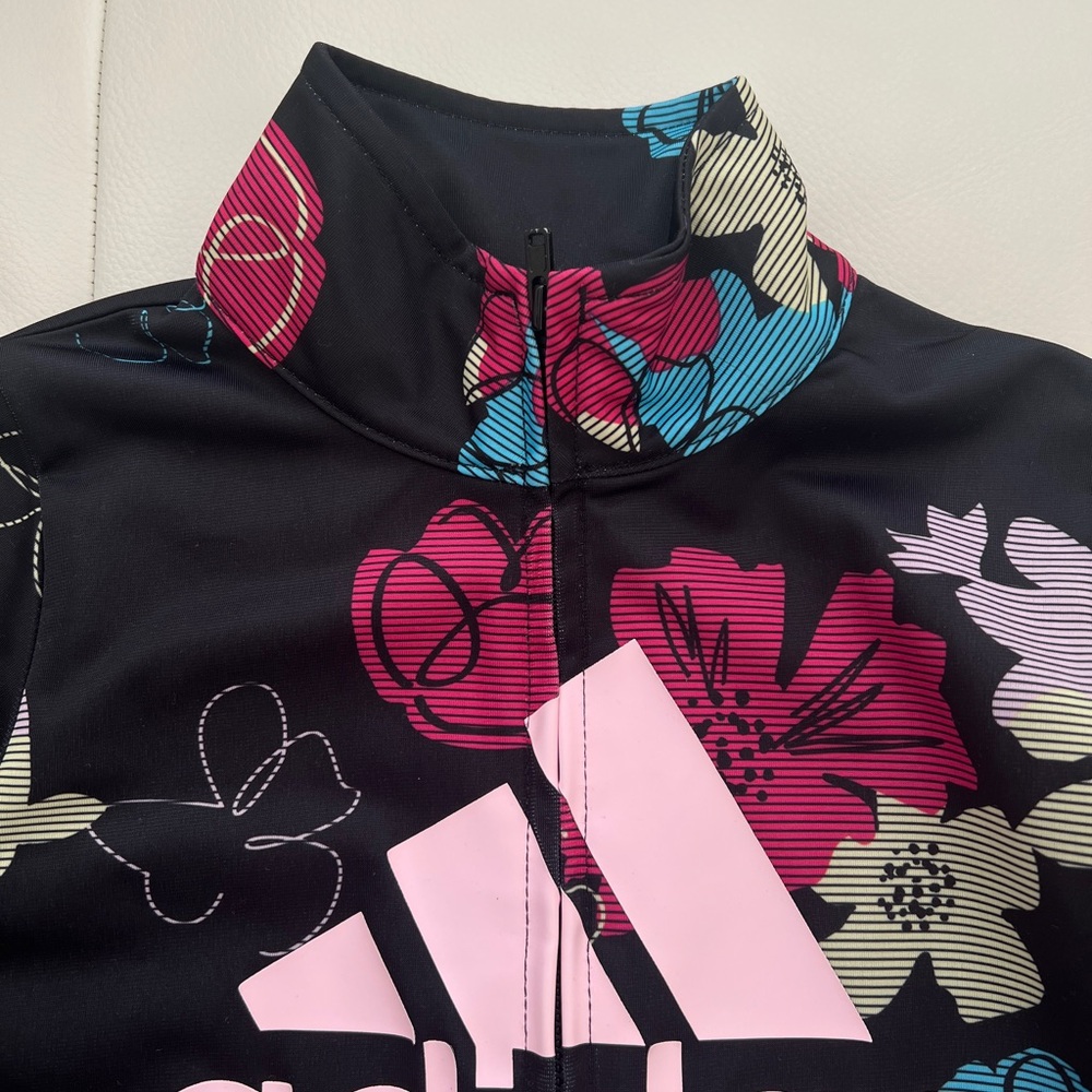 Size 5 Kids Adidas Black Jacket with Multicolor Floral Design - Picture 3 of 8